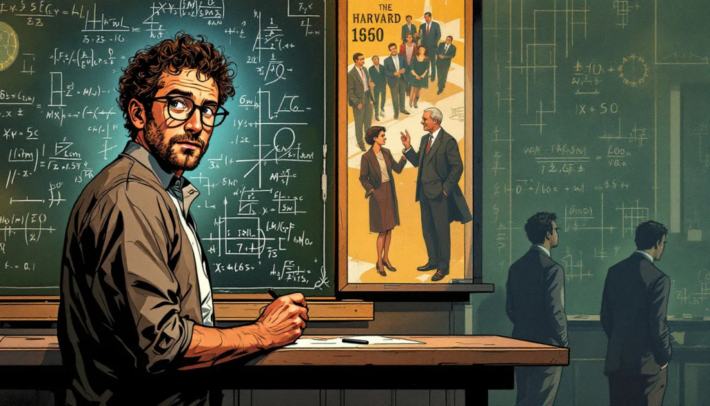A mathematician with glasses stands inside a classroom filled with complex equations written on blackboards.