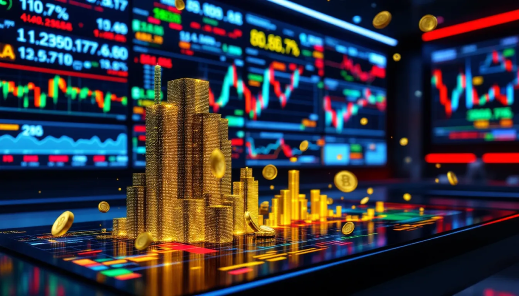 Engaging with the Trading Community, displays golden skyscrapers against digital stock market screens.