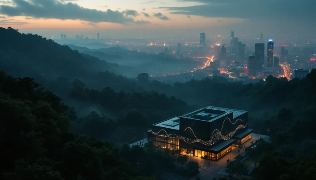 A modern illuminated building nestled in a misty green forest overlooks a distant city skyline.