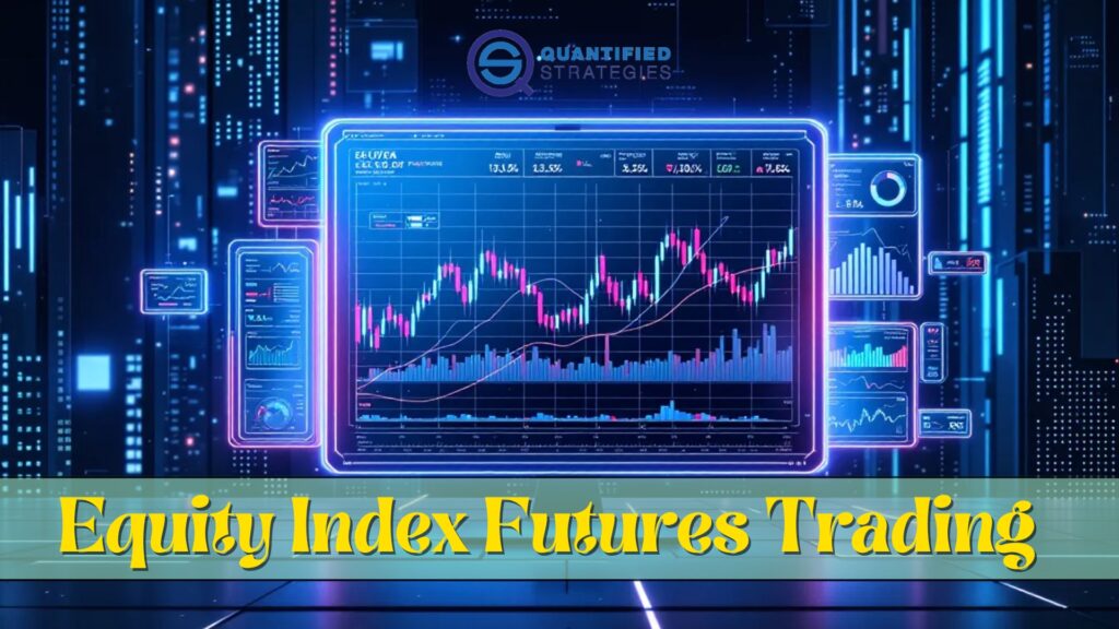 Equity Index Futures Trading, displays glowing digital charts on a futuristic screen.
