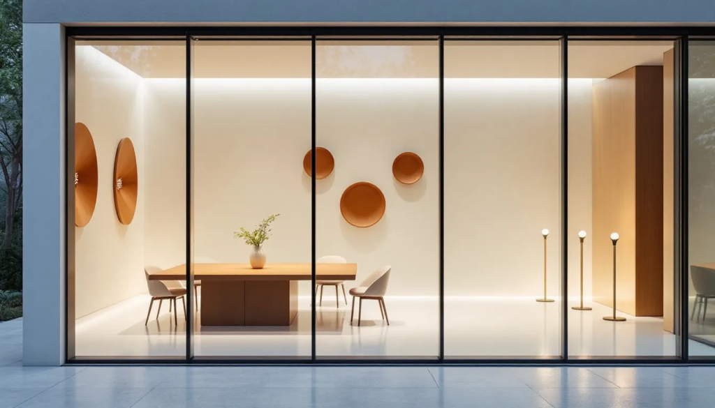 A modern minimalist meeting room features a wooden table and warm decorative wall art.