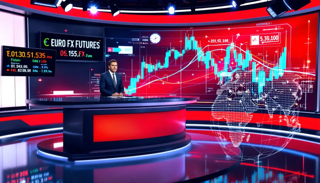 Euro FX Futures, shows a professional financial news studio covering market updates.