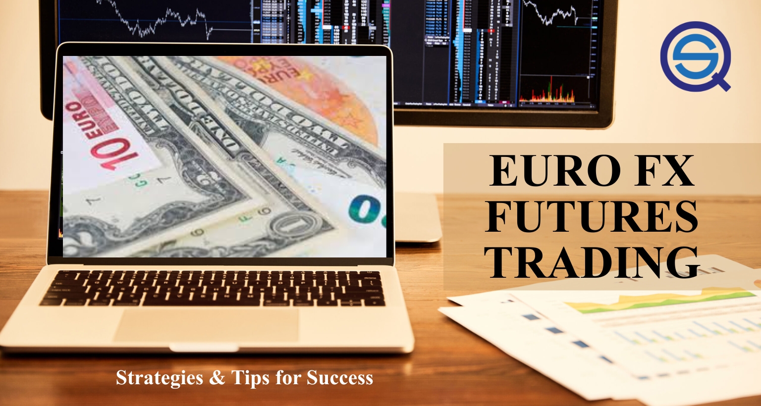Euro FX Futures Trading, shows a laptop displaying currency on a desk.