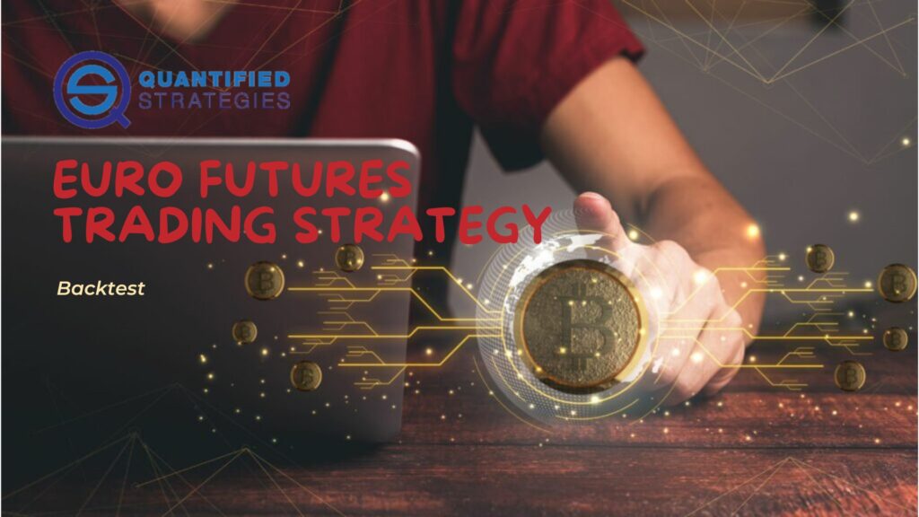 A person uses a laptop near a digital currency graphic with trading strategy text.