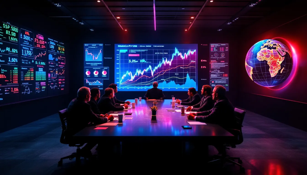 Traders sit around a dark conference table facing glowing charts and a lit globe.