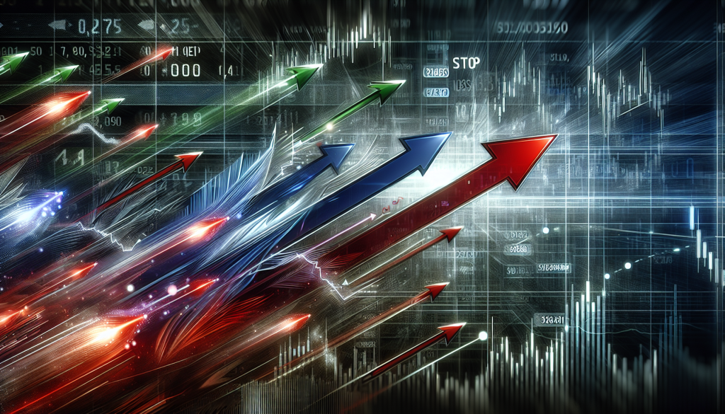 Bright glowing arrows shoot forward across a complex digital financial trading chart background.