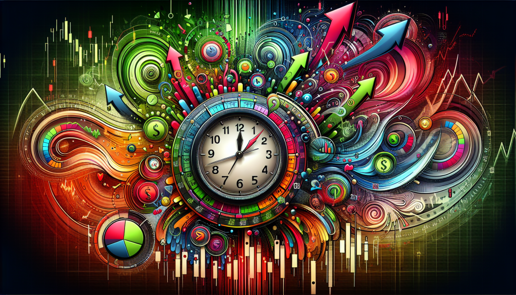 A colorful clock surrounded by vibrant trading charts and financial symbols.