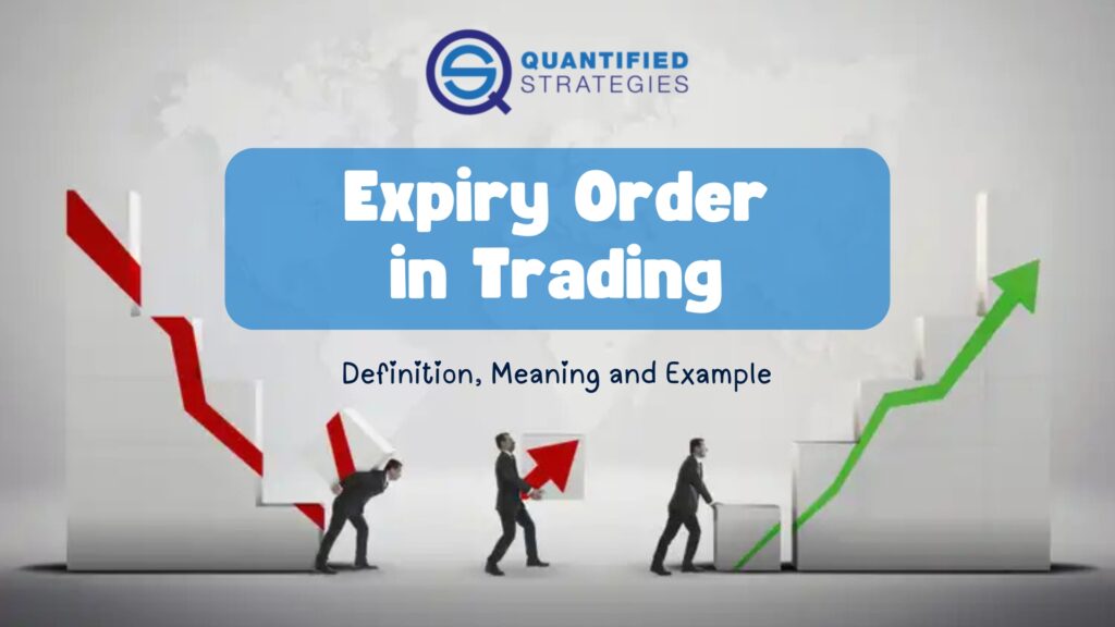 Three business figures move blocks with charts under an expiry order in trading banner.
