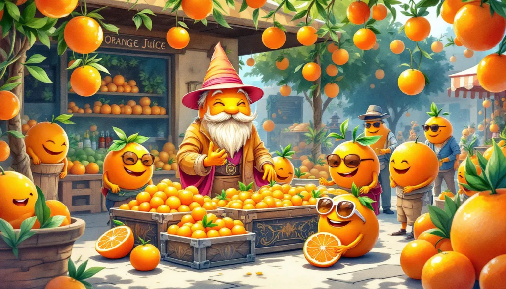 The FCOJ Futures Contracts image shows whimsical oranges participating in a lively market scene.