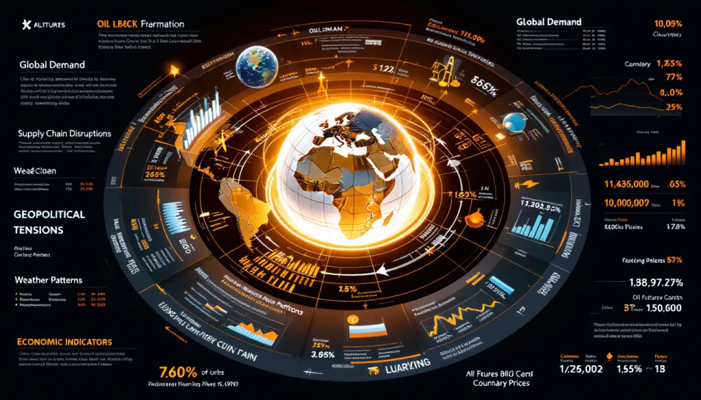 A complex circular infographic displays global data points influencing heating oil market price trends.