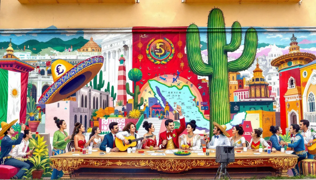 Factors Influencing Mexican Peso Futures Prices, shows a vibrant mural with cultural symbols.