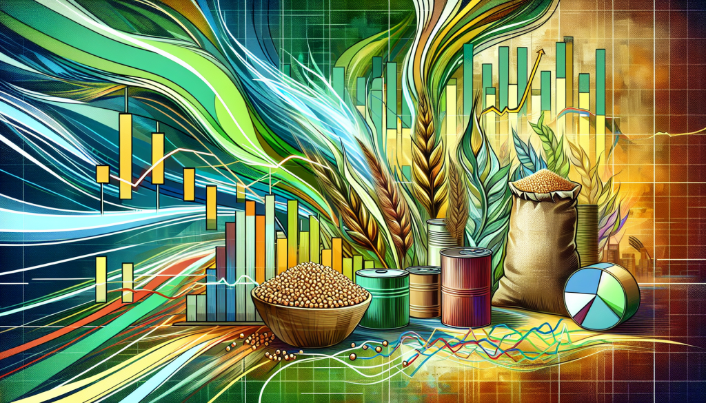 Colorful abstract charts and soybean imagery illustrate key factors influencing soybean meal prices today.