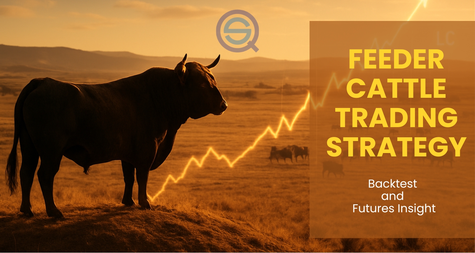 A bull stands in a grassy field against a sunset background with a chart overlay.