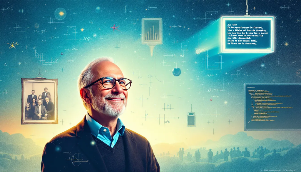 A smiling man with glasses looks up amidst floating mathematical equations and digital screens.