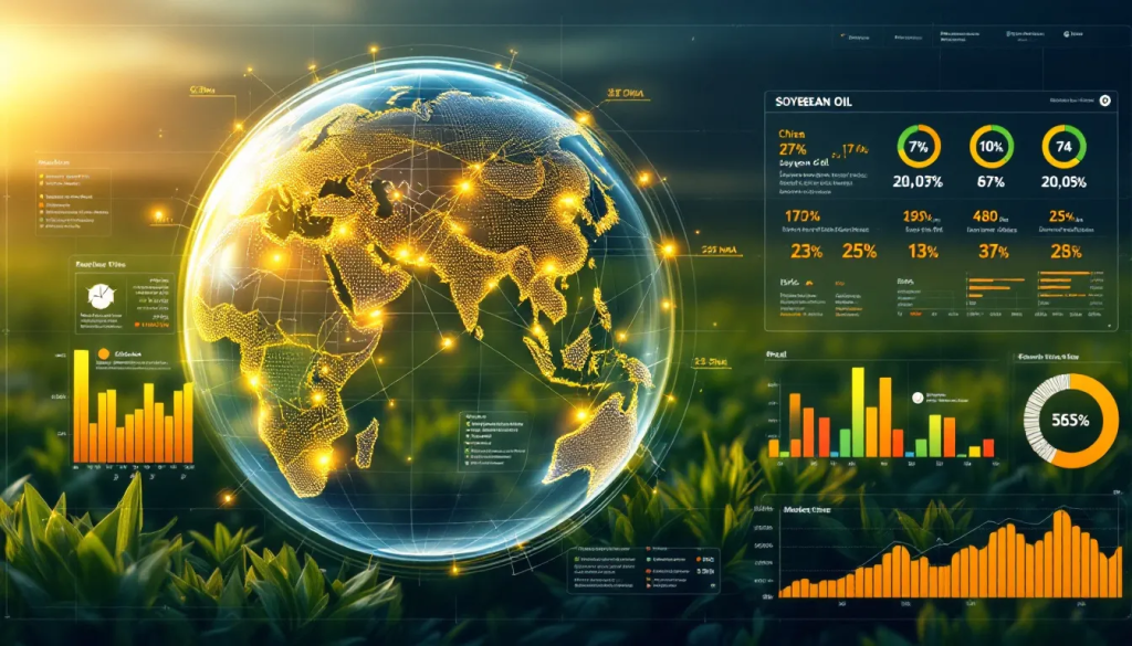 A glowing digital globe displays market data for the future outlook of soybean oil.