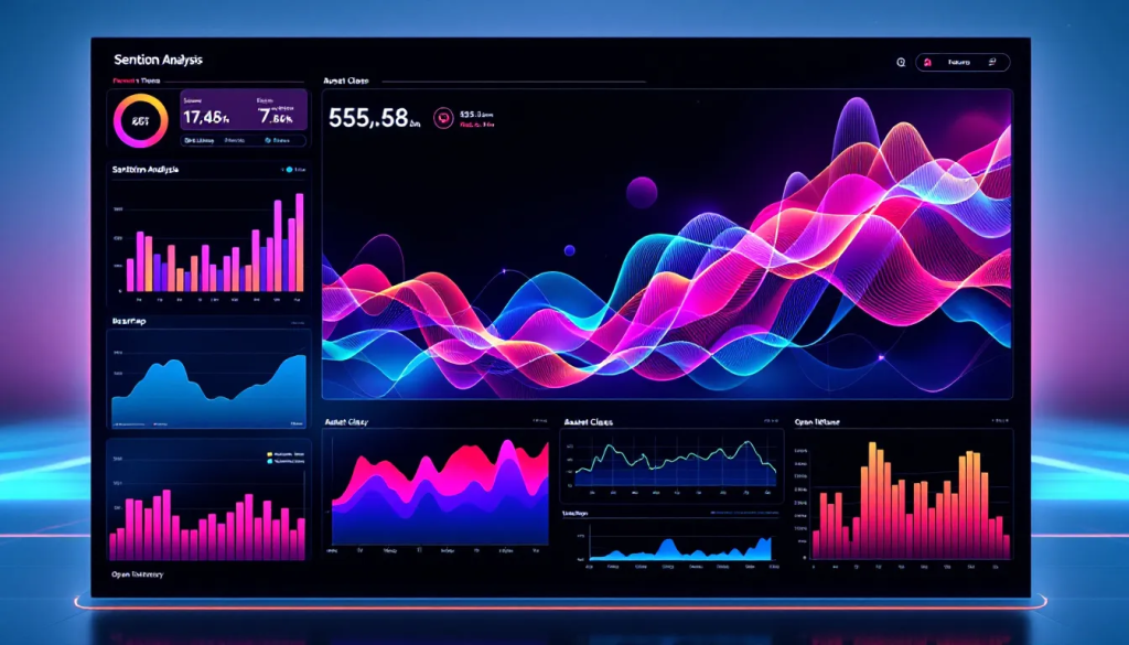 Vibrant neon charts visualize future trends in sentiment analysis for futures trading market data.