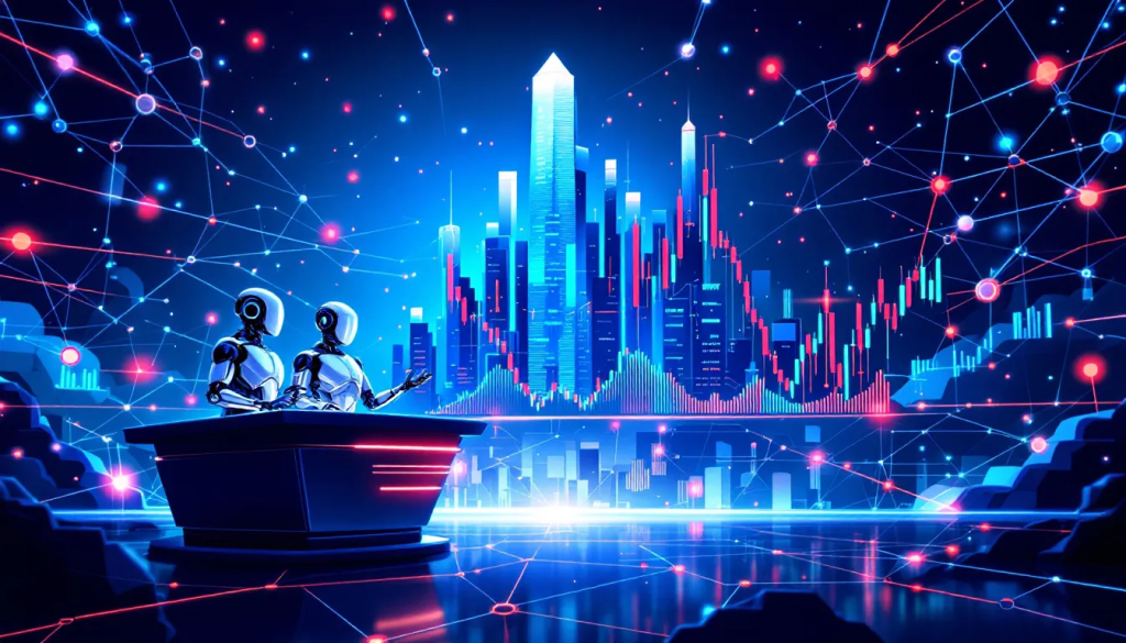 Two robots analyze complex financial data charts to represent modern futures market making operations.