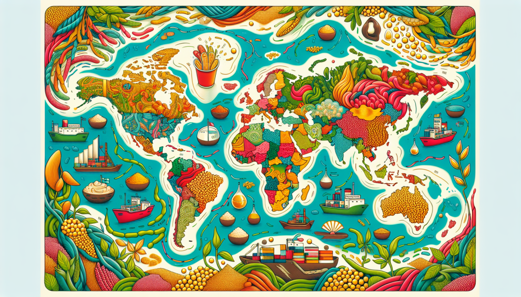 A colorful global map illustrates major trends in soybean meal production and worldwide consumption.
