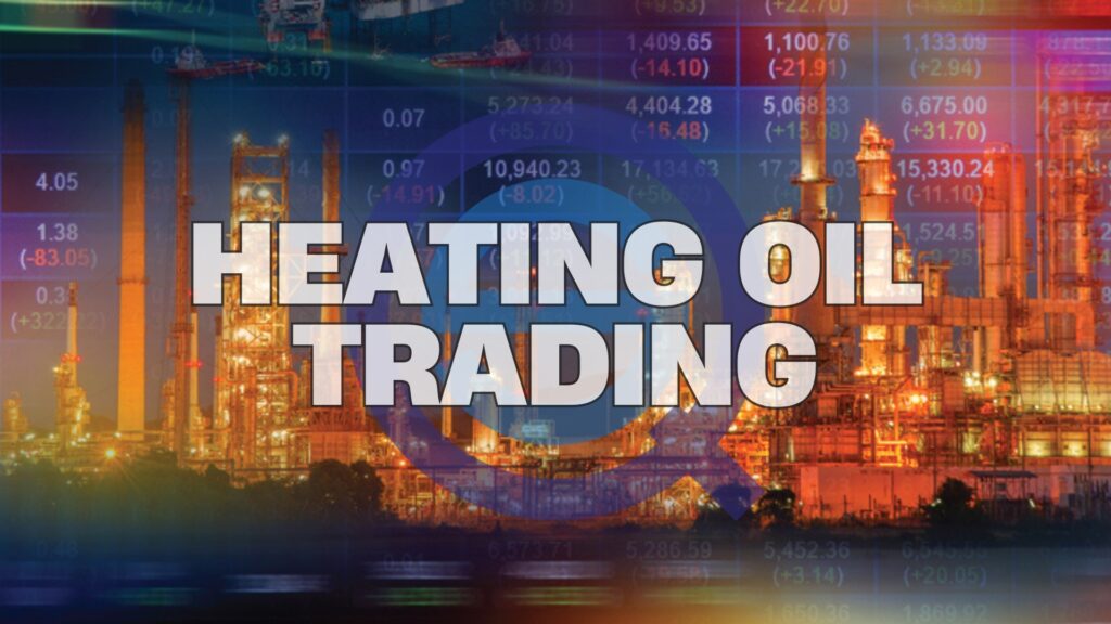 An industrial refinery is overlaid with financial market data for heating oil trading analysis.