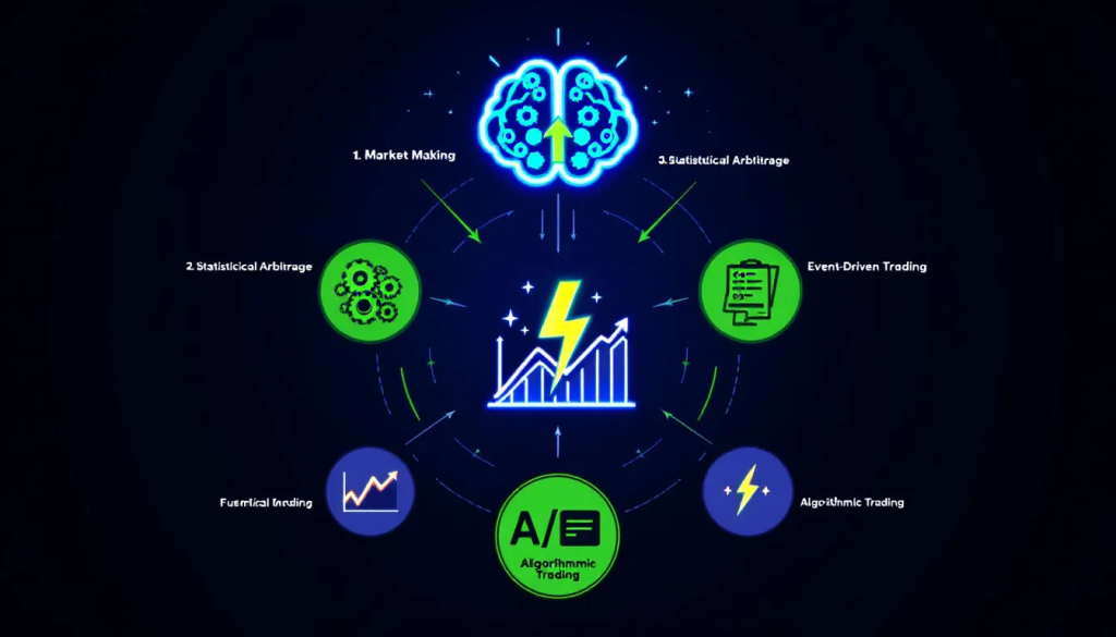 A glowing neon network graphic illustrates various high-frequency trading methods and models.