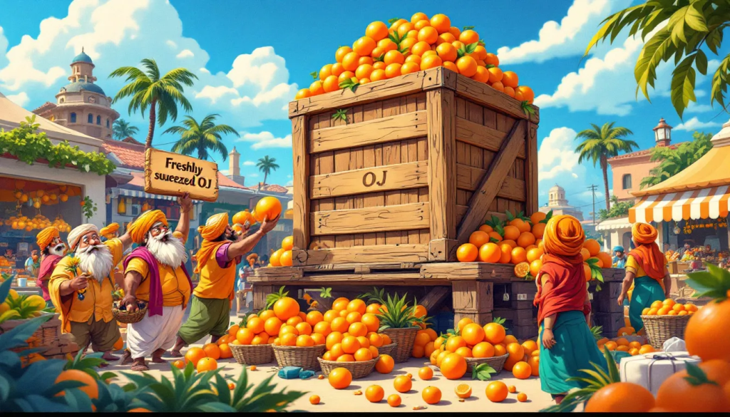 The Using Options in Orange Juice Trading image features people in a sunny orange grove.