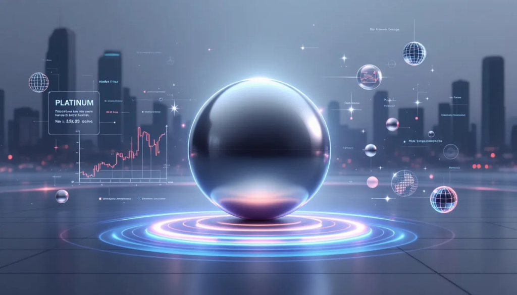Historical Evolution of Platinum Trading, shows digital charts and abstract metal spheres.
