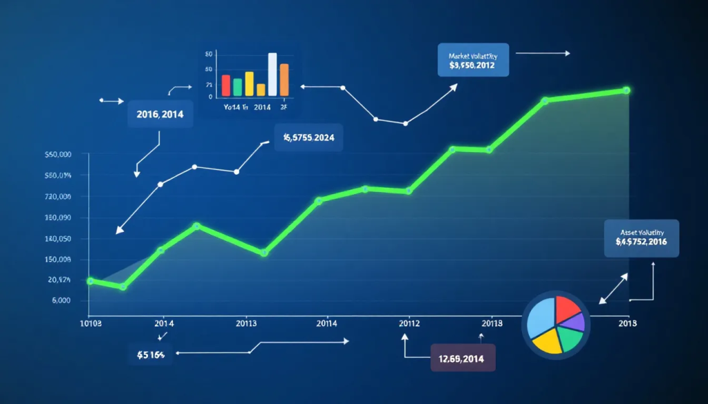 A bright green trend line rises across a blue chart displaying historical market data.