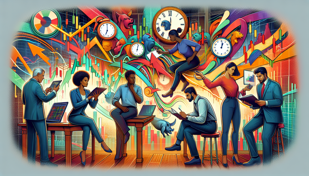 Diverse traders review financial charts and clocks representing time-sensitive strategies in the market.