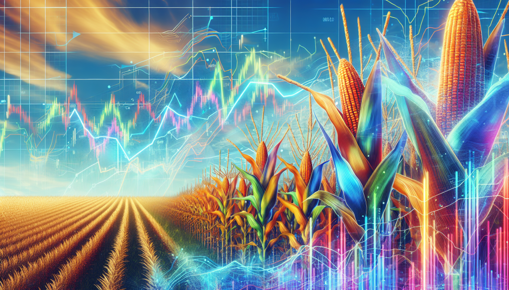 Vibrant corn fields overlaid with financial charts illustrate how to start trading corn futures.