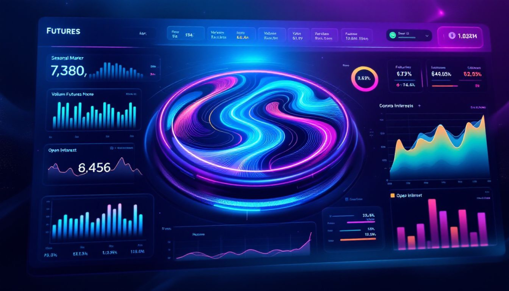 Digital charts display neon visuals for identifying seasonal patterns in futures markets trading data.