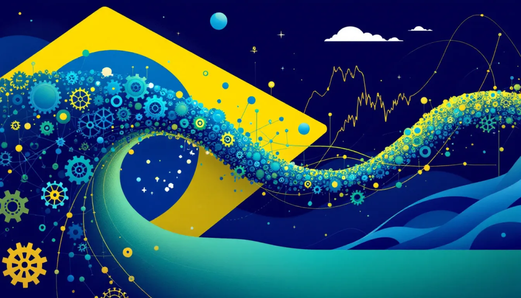 Impact of Central Bank Policies, depicts abstract gears over a Brazilian flag background.