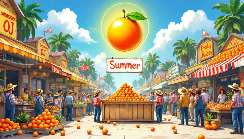 The Impact of Seasonal Events on Orange Juice Trading image depicts a busy summer market.