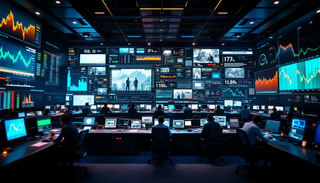 Traders monitor complex financial charts and global market data across multiple illuminated screens.