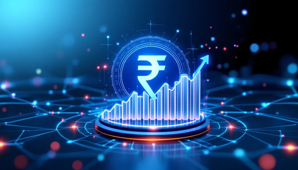 Indian Rupee Futures, displays a glowing rupee symbol and rising financial charts.