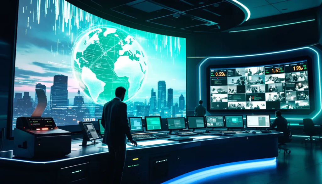 A professional stands before massive illuminated screens displaying a glowing digital world map.