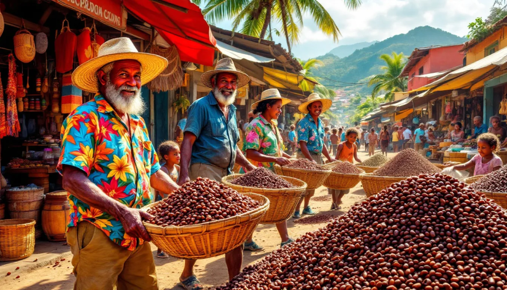 Journey of Cocoa Beans, features farmers holding baskets of harvested cocoa beans.