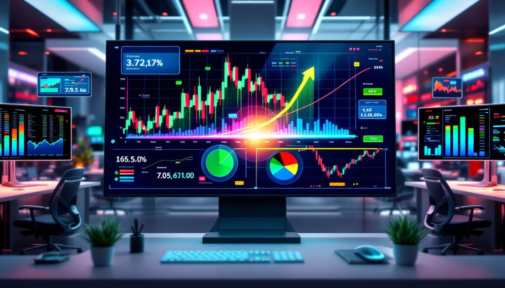 Computer screens display complex financial market charts illustrating the key benefits of range trading.