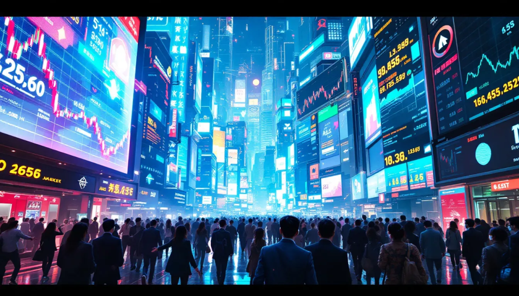 Key Exchanges, captures a vibrant city street filled with digital trading charts.