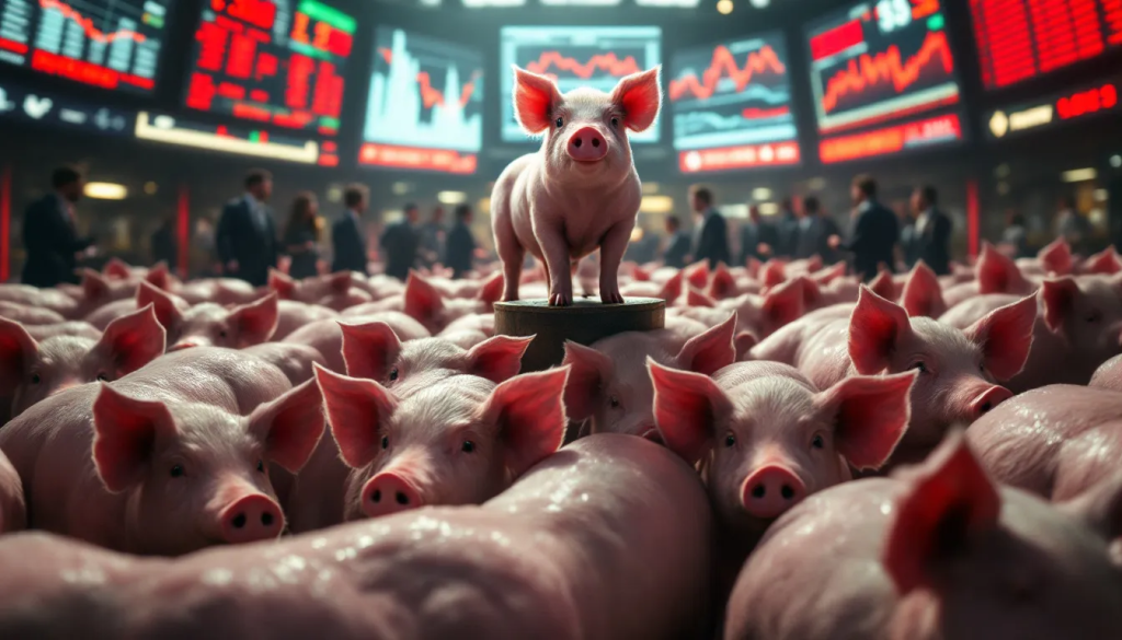 The Key Factors Influencing Lean Hogs Prices image displays a pig amidst financial charts.