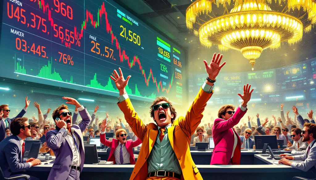 Traders react with excitement while watching a large ticker board of market price data.