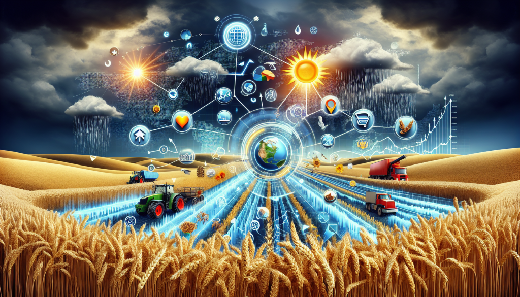 Digital icons illustrate key factors influencing wheat prices in a modern agricultural trading environment.