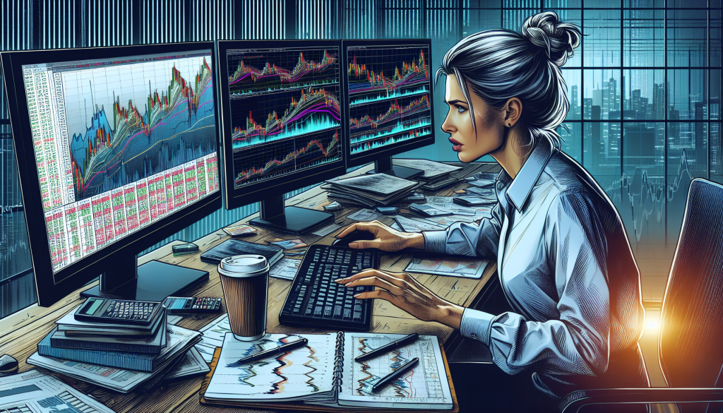 A female trader works at a desk viewing multiple glowing financial monitors.