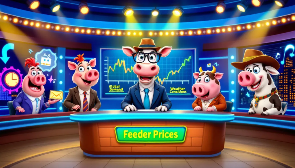 Key Influencers of Feeder Cattle Prices image features cartoon animals analyzing market data.