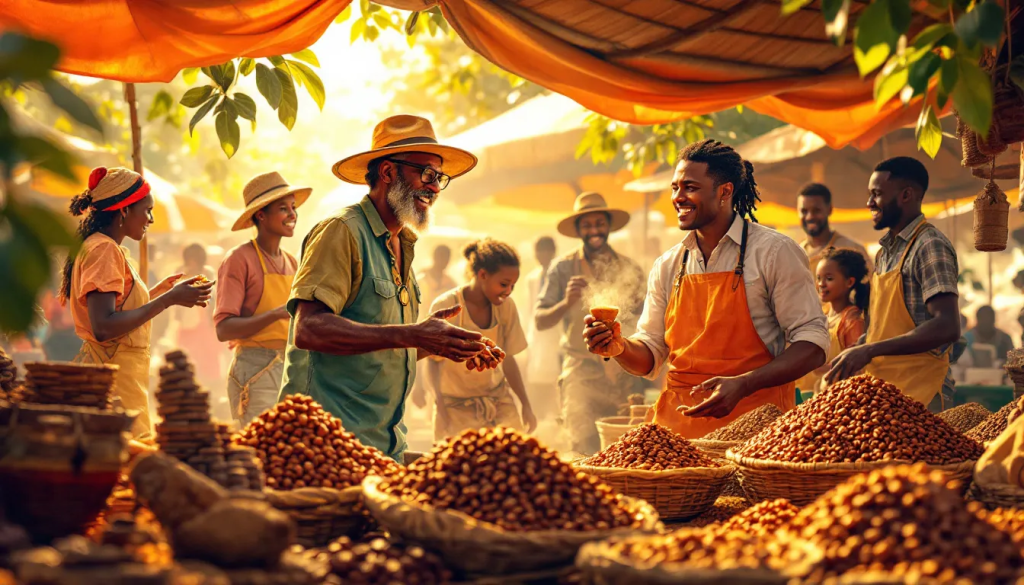Key Players in the Cocoa Market, shows people trading harvested cocoa beans.
