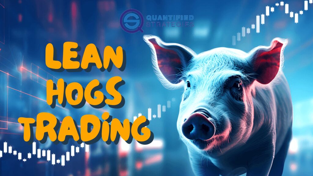 The Lean Hogs Trading image features a pig standing against financial market candlestick charts.