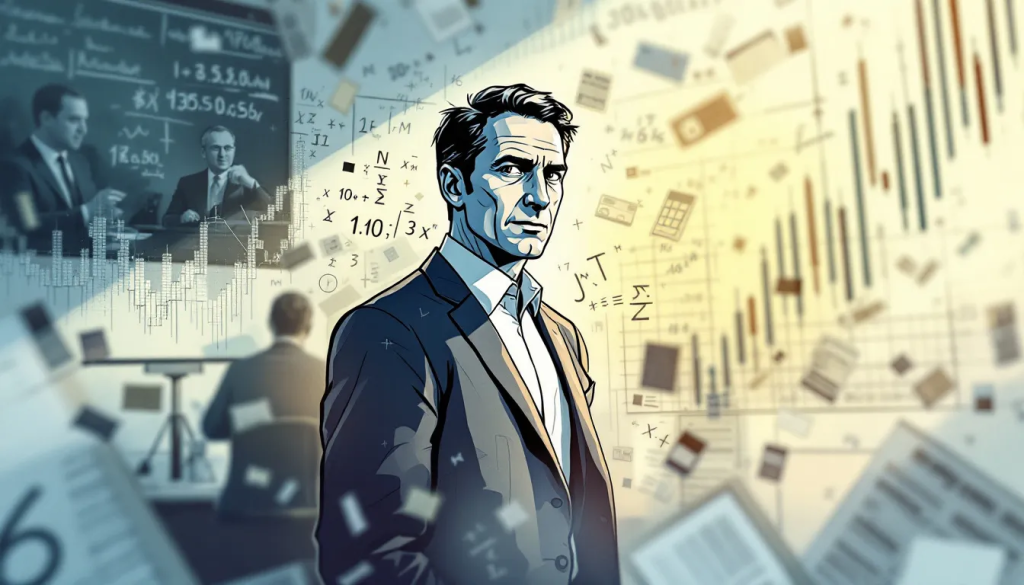 An illustrated businessman stands confidently against a backdrop of financial charts and formulas.