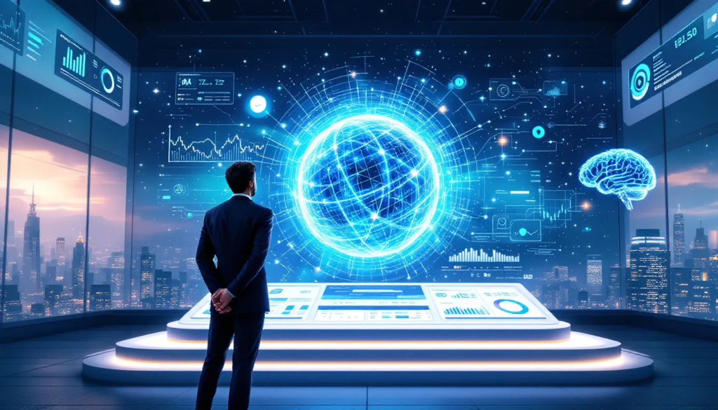 A professional man looks at a large glowing digital globe inside a high-tech control room.