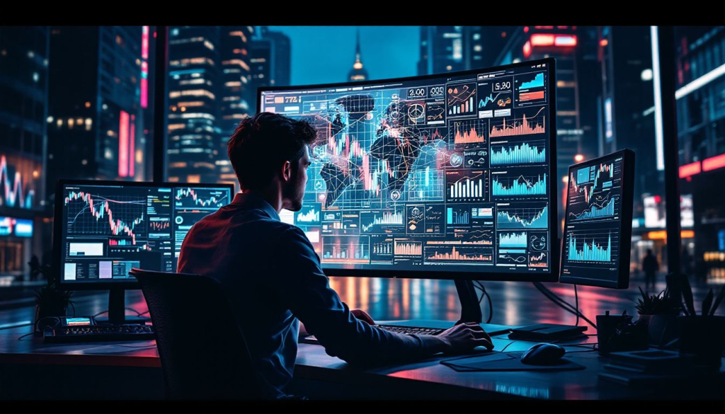 A professional trader analyzes complex market charts for leveraging options in volatile market environments.
