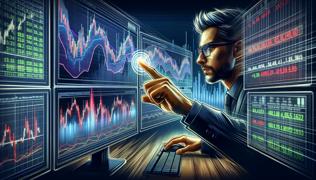 A focused trader touches a glowing digital screen displaying stock charts and data.