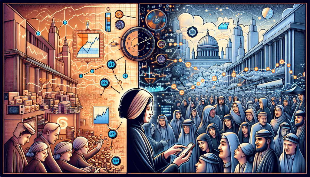 A split illustration contrasts financial charts on one side with a crowd on the other.